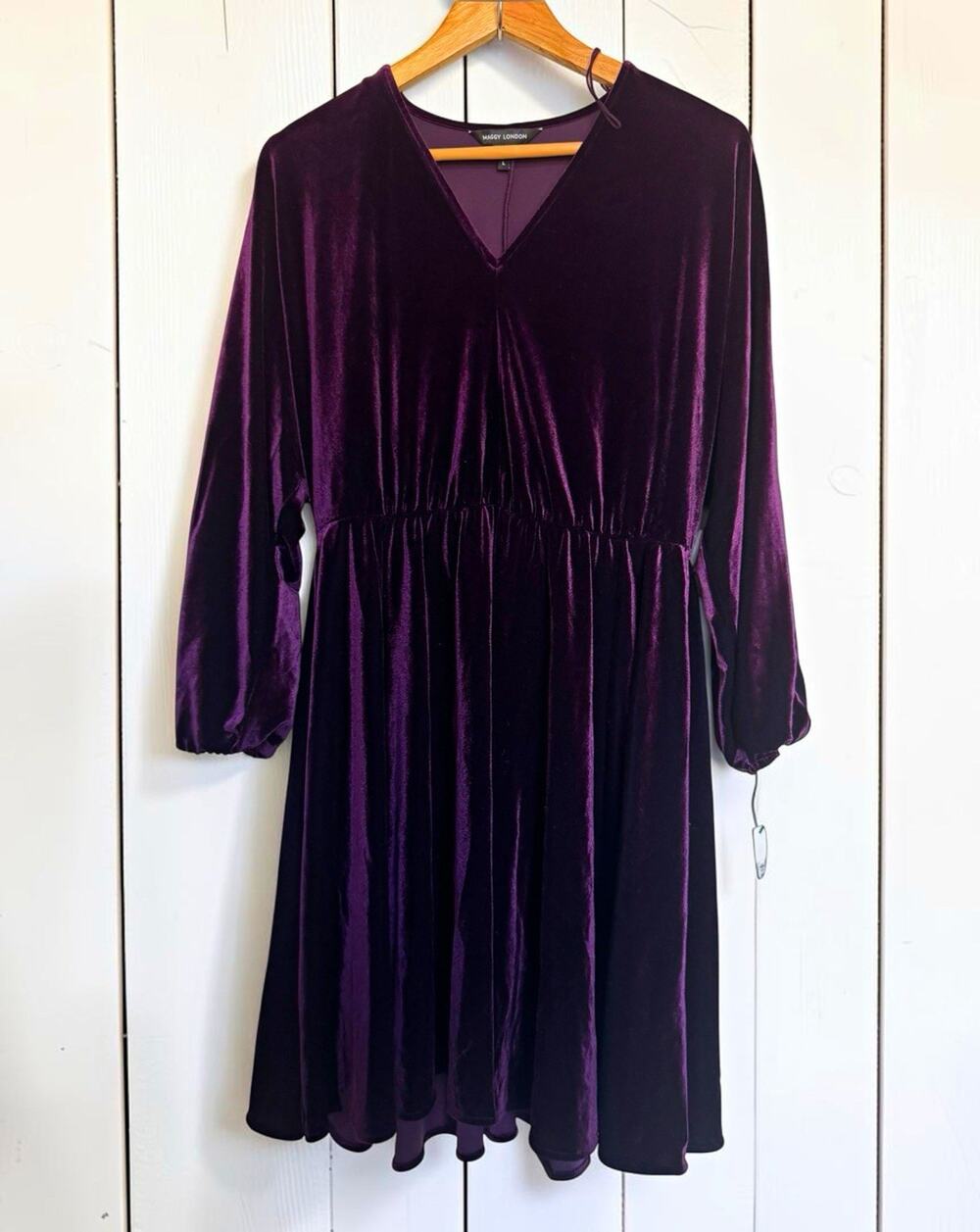 NWT Maggy London Women Deep Plum Velvet Pleated A-Line Dress Size L Preppy